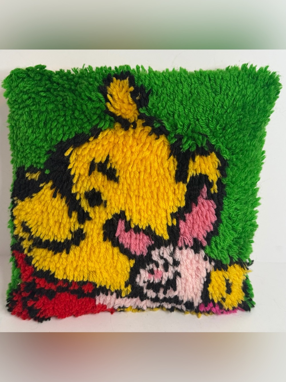 Vintage Winnie the Pooh & Piglet Latch Hook Pillow 12x12 Handmade Retro